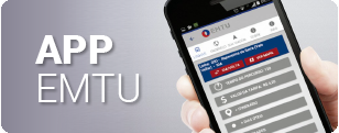 Imagem com o texto: APP EMTU e com a foto de um celular sendo segurado na mão de uma pessoa.